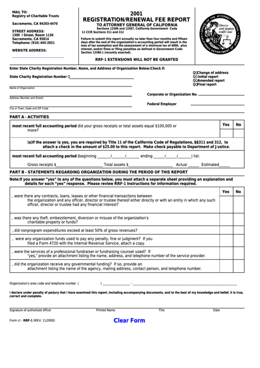 Form Ct-rrf-1 - Registration/renewal Fee Report - Attorney General Of California - 2001