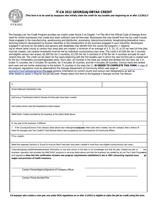 Fillable Form It-Ca - Georgia Job Tax Credit - 2012 Printable pdf
