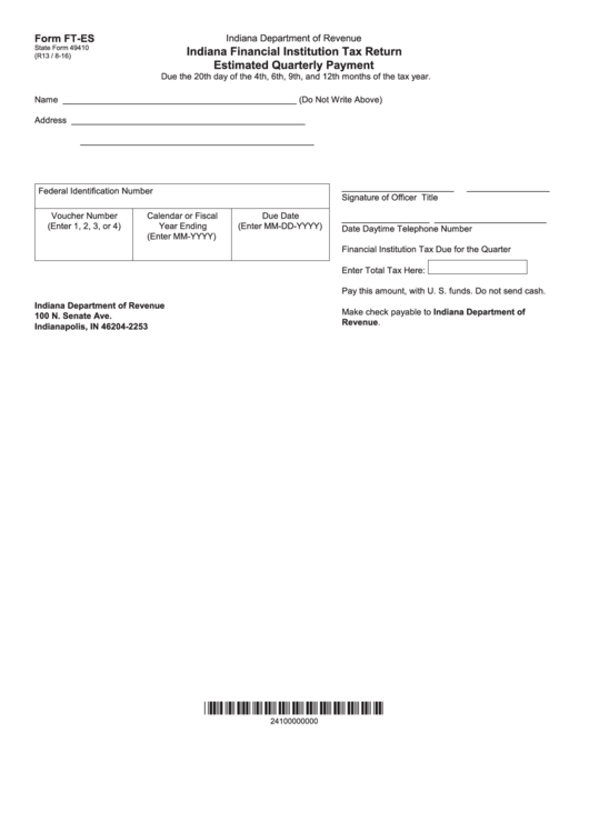 Fillable Form FtEs Indiana Financial Institution Tax Return