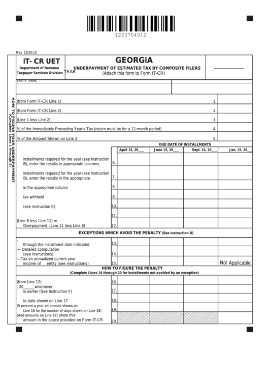 Fillable Form It- Cr Uet - Georgia Underpayment Of Estimated Tax By Composite Filers Printable pdf