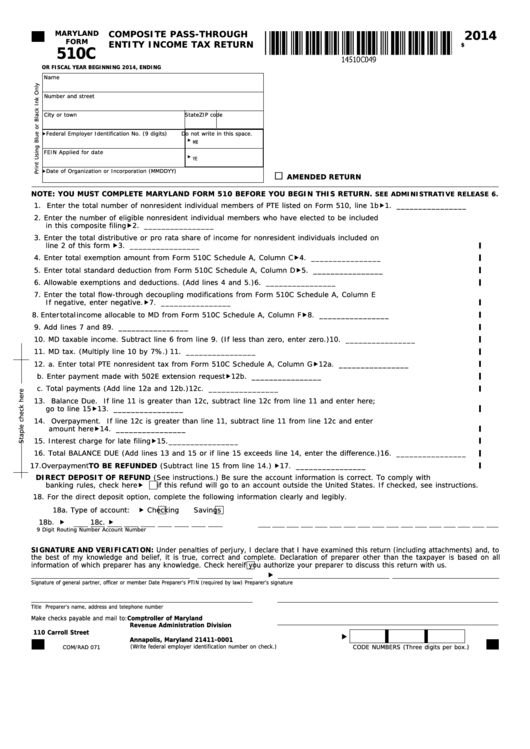 Fillable Form 510c - Composite Pass-Through Entity Income Tax Return - 2014 Printable pdf