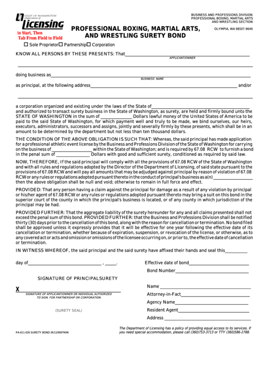 Fillable Form Pa-611-026 - Professional Boxing, Martial Arts, And Wrestling Surety Bond - Washington Department Of Licensing Printable pdf