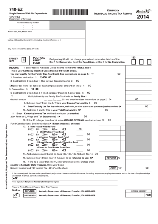 Fillable Form 740-Ez - Kentucky Individual Income Tax Return - 2014 Printable pdf