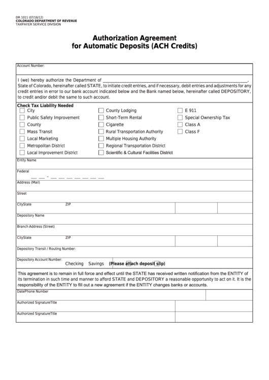 Fillable Form Dr 1011 - Authorization Agreement For Automatic Deposits (Ach Credits) Printable pdf