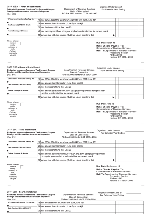 Form 207f Esa - Estimates, Estimated Insurance Premiums Tax Payment Coupon Foreign And Nonresident Insurance Companies Printable pdf