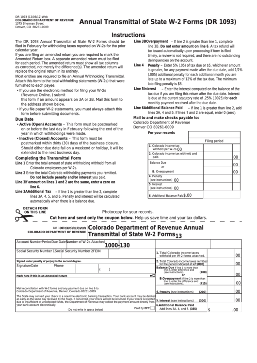 Fillable Form Dr 1093 - Annual Transmittal Of State W-2 Forms Printable pdf