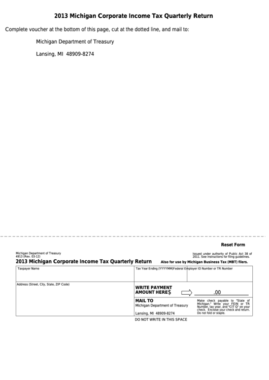 Fillable Form 4913 - Michigan Corporate Income Tax Quarterly Return - 2013 Printable pdf