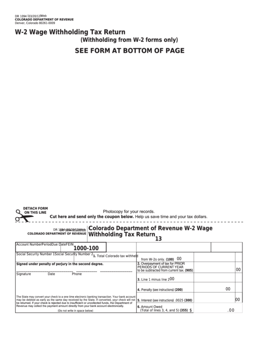 Fillable Form Dr 1094 - Colorado Department Of Revenue W-2 Wage Withholding Tax Return Printable pdf