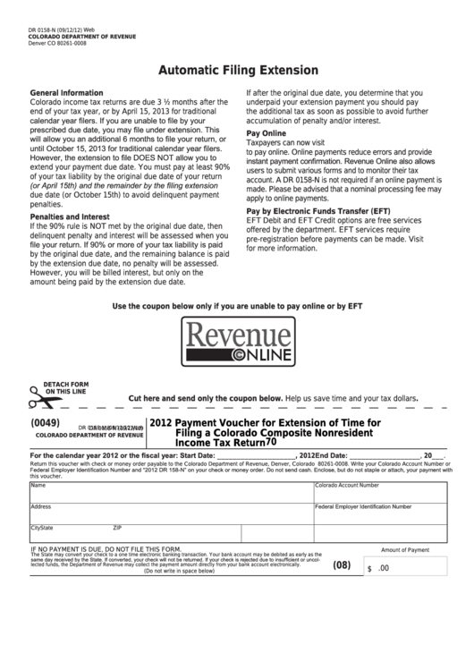 Fillable Form Dr 0158-N - Payment Voucher For Extension Of Time For Filing A Colorado Composite Nonresident Income Tax Return - 2012 Printable pdf