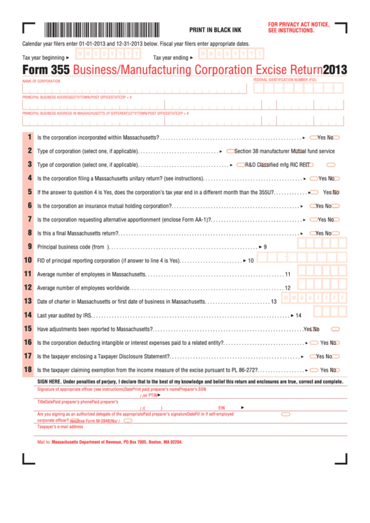 Fillable Form 355 - Business/manufacturing Corporation Excise Return - 2013 Printable pdf