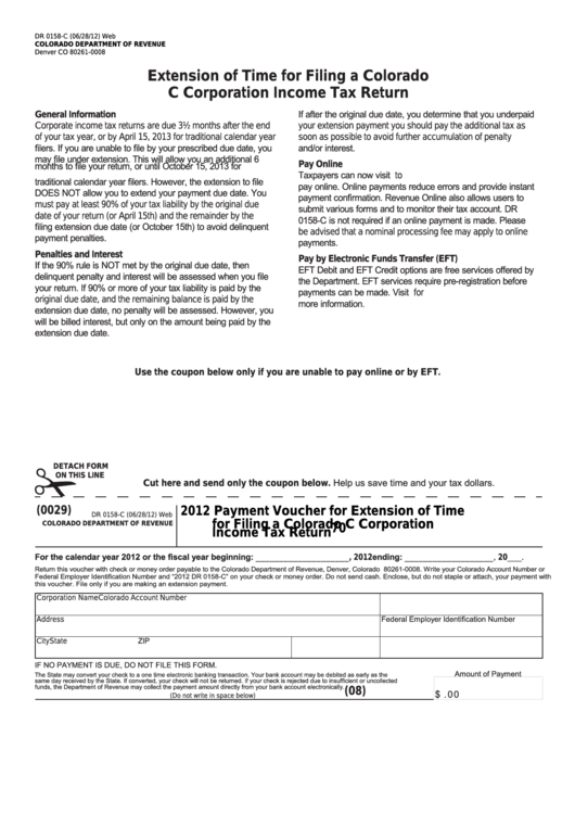 Fillable Form Dr 0158-C - Payment Voucher For Extension Of Time For Filing A Colorado C Corporation Income Tax Return - 2012 Printable pdf
