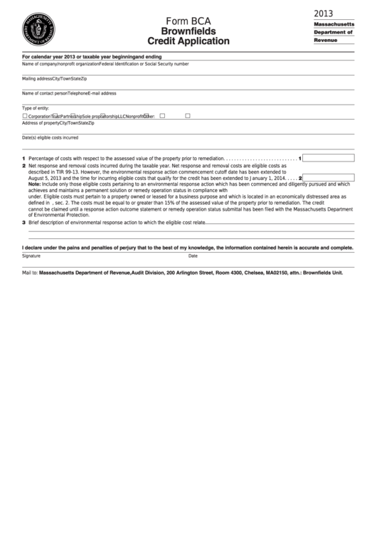 Form Bca - Brownfields Credit Application - 2013 Printable pdf