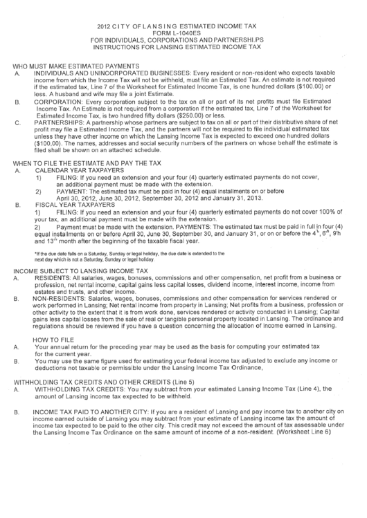 Instructions For Form L-1040es - Estimated Income Tax For Individuals, Corporations And, Partnerships - 2012 Printable pdf