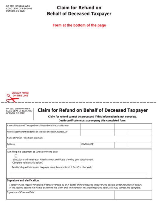 Form Dr 0102 - Claim For Refund On Behalf Of Deceased Taxpayer Printable pdf