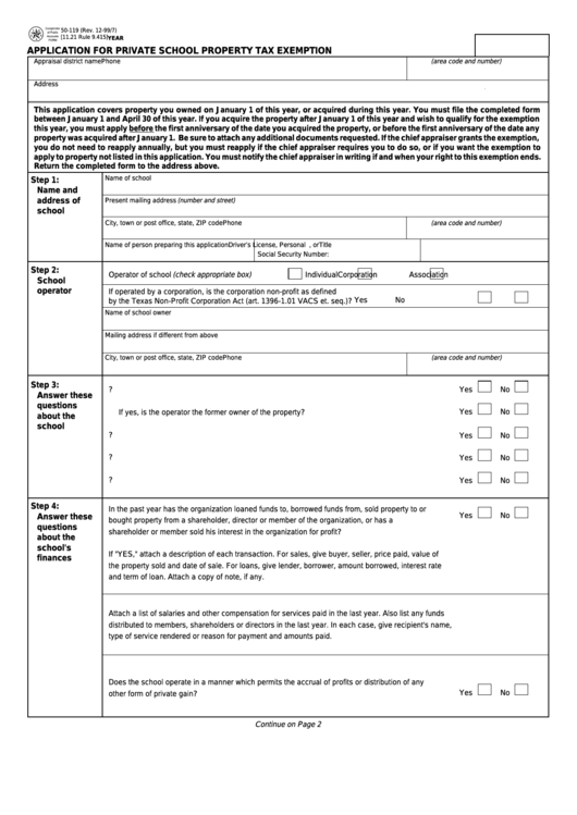 Form 50-119 - Application For Private School Property Tax Exemption Printable pdf