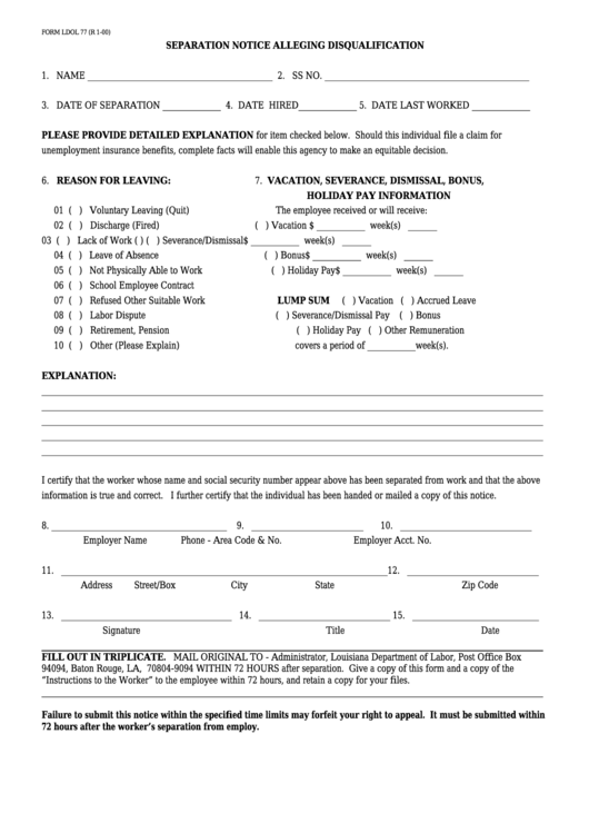 Form Ldol 77 - Separation Notice Alleging Disqualification - 2000 Printable pdf