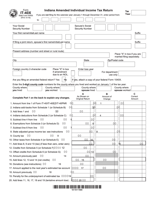 Fillable Form It-40x - Indiana Amended Individual Income Tax Return - 2016 Printable pdf