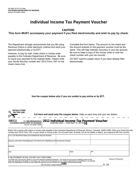 Fillable Form Dr 0900 - Individual Income Tax Payment Voucher - 2012 Printable pdf