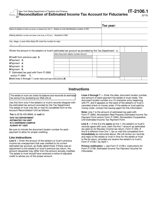 Fillable Form It-2106.1 - Reconciliation Of Estimated Income Tax Account For Fiduciaries Printable pdf