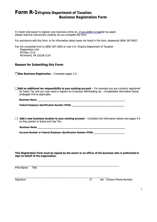 Fillable Form R-1 - Business Registration Form Printable pdf