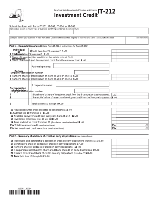 Fillable Form It-212 - Investment Credit - 2013 Printable pdf