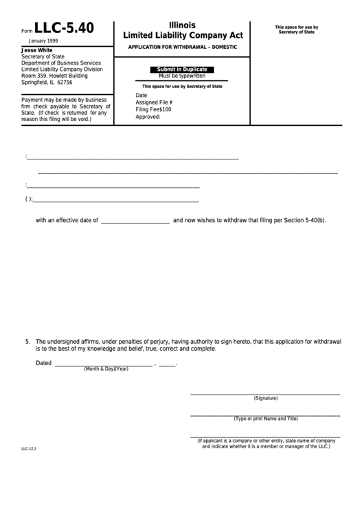 Form Llc-5.40 - Illinois Limited Liability Company Act - Illinois Secretary Of State - 1999 Printable pdf