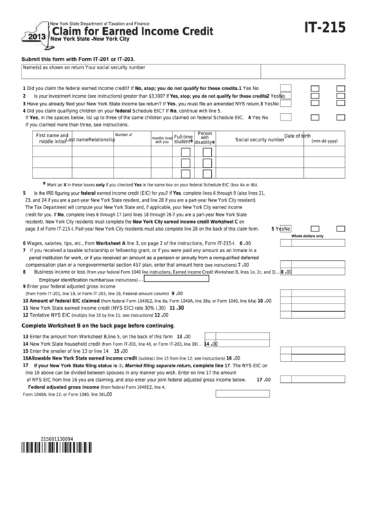 Fillable Form It-215 - Claim For Earned Income Credit - 2013 Printable pdf
