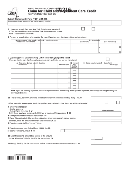 Fillable Form It-216 - Claim For Child And Dependent Care Credit - 2013 Printable pdf