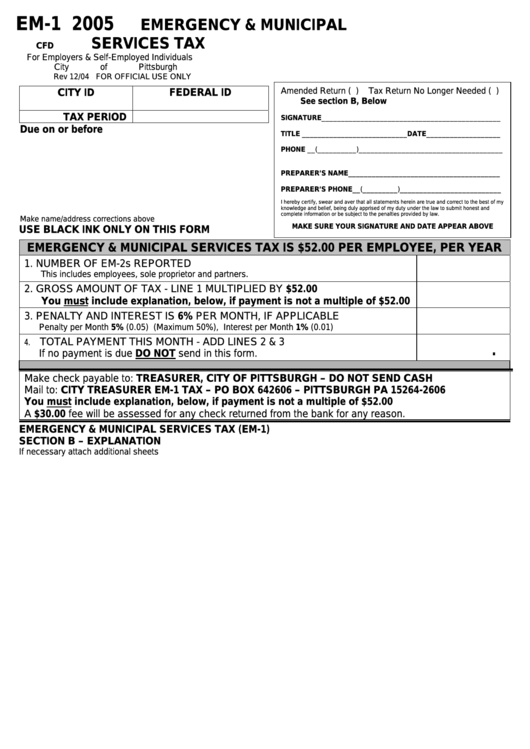 Form Em-1 - Emergency & Municipal Services Tax - 2005 Printable pdf
