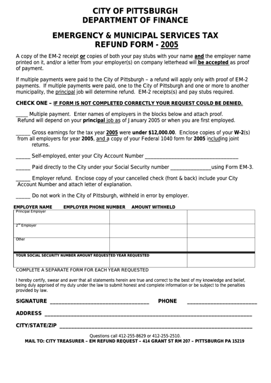 Emergency & Municipal Services Tax Refund Form - Pittsburgh Department Of Finance - 2005 Printable pdf