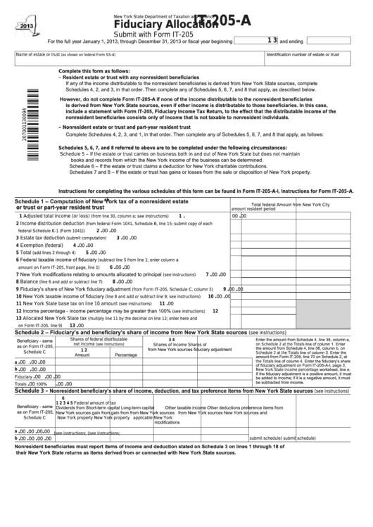 Fillable Form It-205-A - Fiduciary Allocation - 2013 Printable pdf