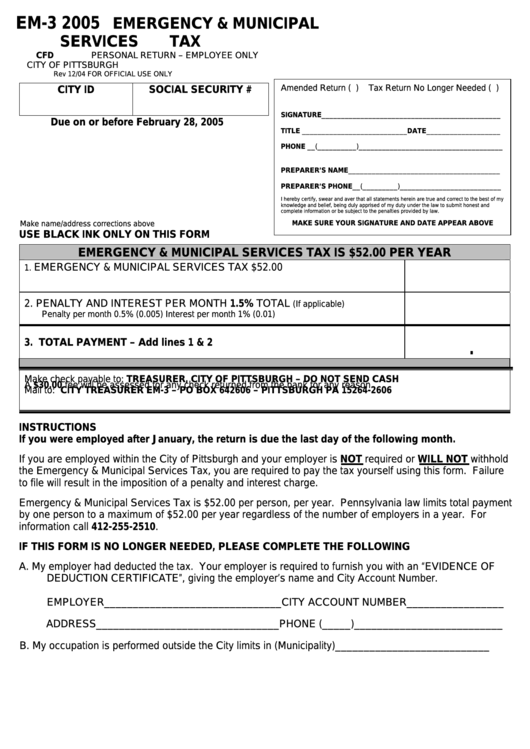 Form Em-3 - Emergency & Municipal Services Tax - 2005 Printable pdf
