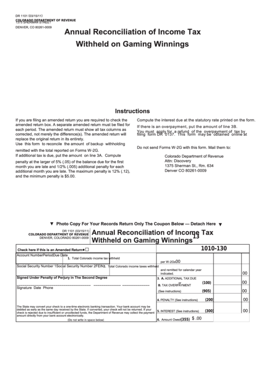 Form Dr 1101 - Annual Reconciliation Of Income Tax Withheld On Gaming Winnings Printable pdf