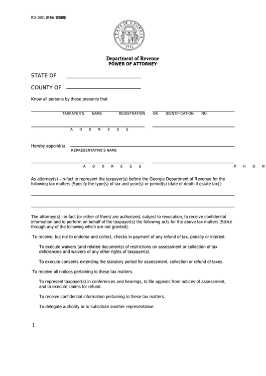 Fillable Form Rd-1061 - Power Of Attorney Printable pdf