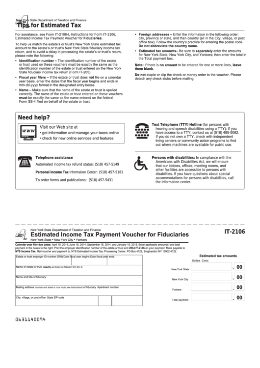 Fillable Form It-2106 - Estimated Income Tax Payment Voucher For Fiduciaries - 2014 Printable pdf