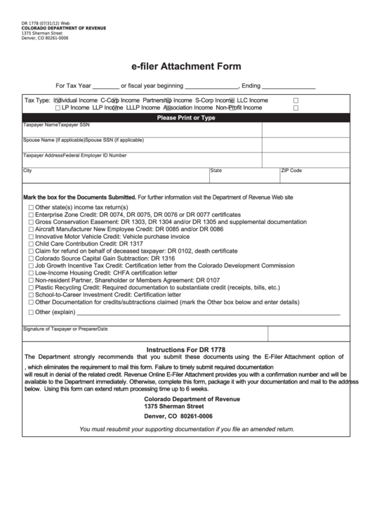 Fillable Form Dr 1778 - E-Filer Attachment Form Printable pdf