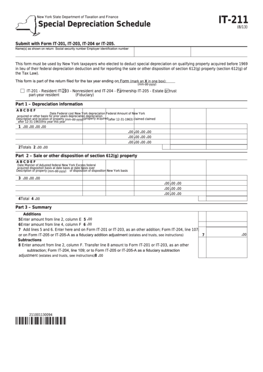 Fillable Form It211 Special Depreciation Schedule printable pdf download