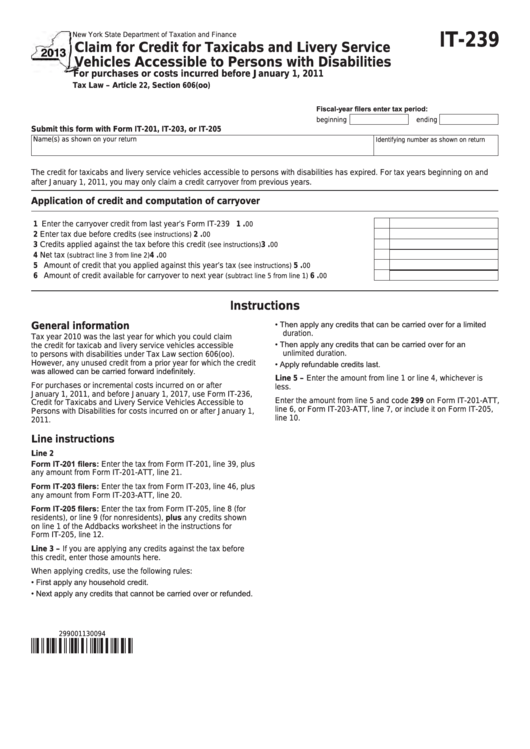 Fillable Form It-239 - Claim For Credit For Taxicabs And Livery Service Vehicles Accessible To Persons With Disabilities - 2013 Printable pdf