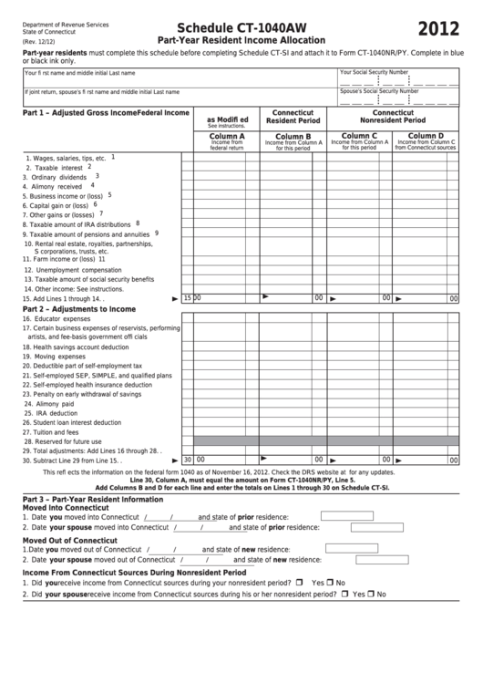 Fillable Schedule Ct-1040aw - Part-Year Resident Income Allocation - 2012 Printable pdf