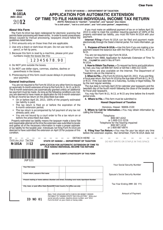 Fillable Form N-101a - Application For Automatic Extension Of Time To File Hawaii Individual Income Tax Return - 2012 Printable pdf