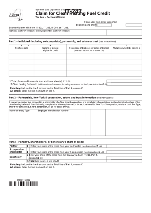 Fillable Form It-241 - Claim For Clean Heating Fuel Credit - 2013 Printable pdf