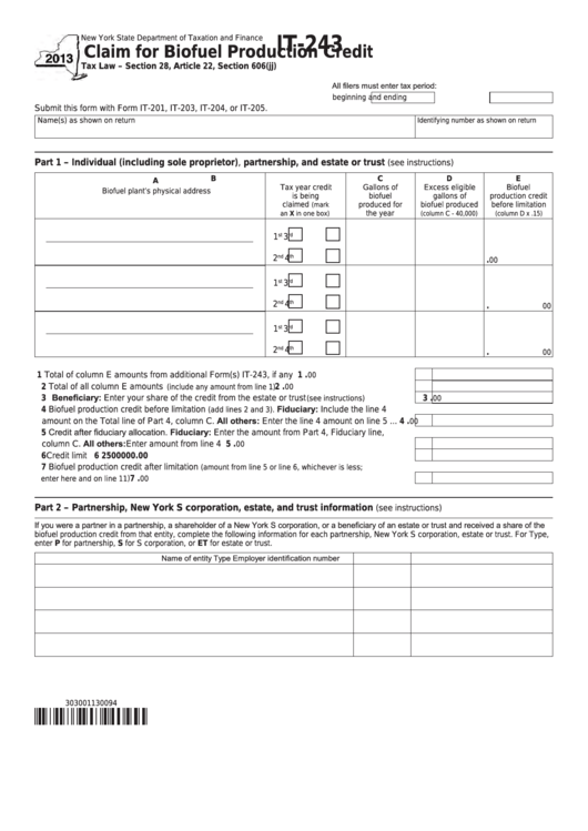 Fillable Form It-243 - Claim For Biofuel Production Credit - 2013 Printable pdf