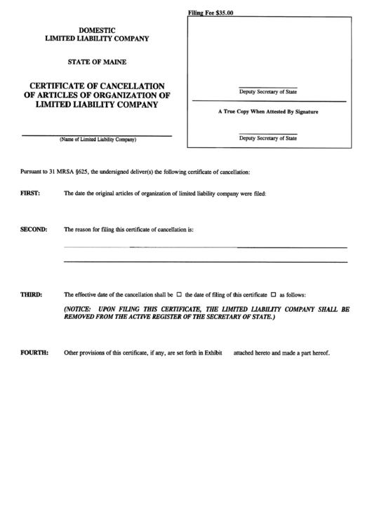Form Mllc-Iic - Certificate Of Cancellation Of Articles Of Organization Of Limited Liability Company - Maine Secretary Of State Printable pdf