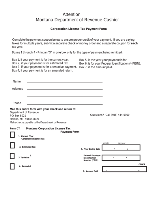 Form Ct - Montana Corporation License Tax Payment Printable pdf