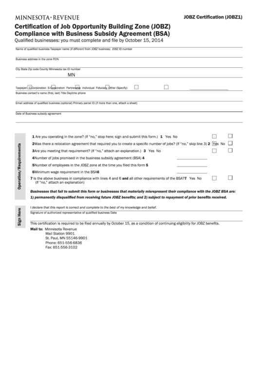 Fillable Form Jobz1 - Jobz Certification Certification Of Job Opportunity Building Zone (Jobz) Compliance With Business Subsidy Agreement (Bsa) Printable pdf