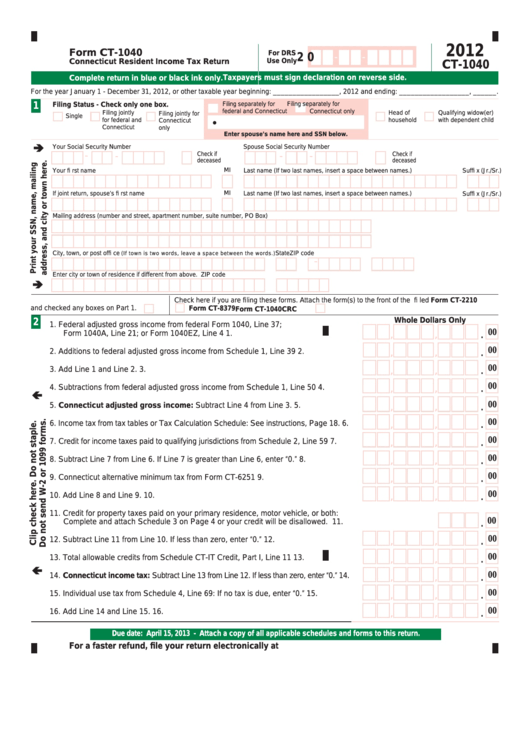 Fillable Form Ct-1040 - Connecticut Resident Income Tax Return - 2012 Printable pdf