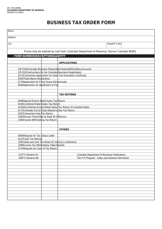 Form Dr 1794 - Business Tax Order Form Printable pdf