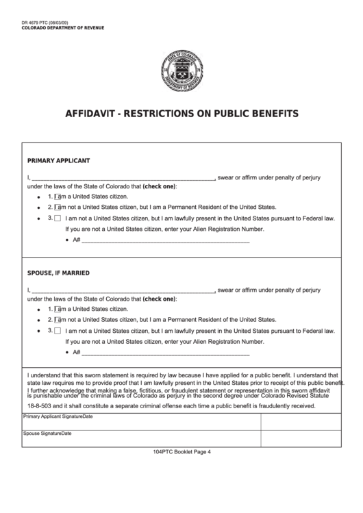 Form Dr 4679 Ptc - Affidavit - Restrictions On Public Benefits Printable pdf