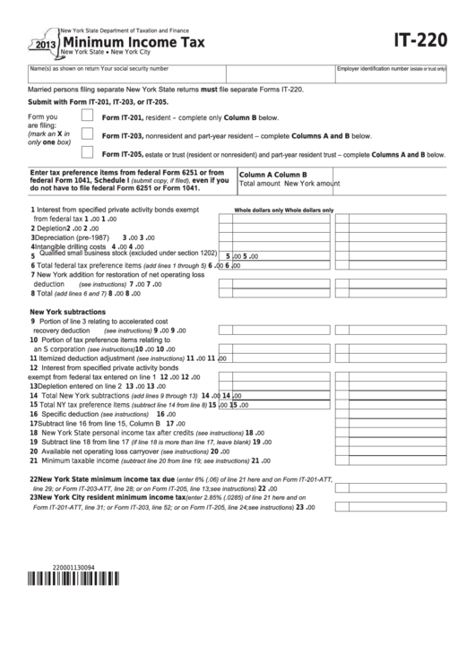 Fillable Form It-220 - Minimum Income Tax - 2013 Printable pdf