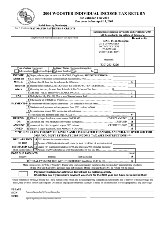 Individual Income Tax Return - City Of Wooster - 2004 Printable pdf